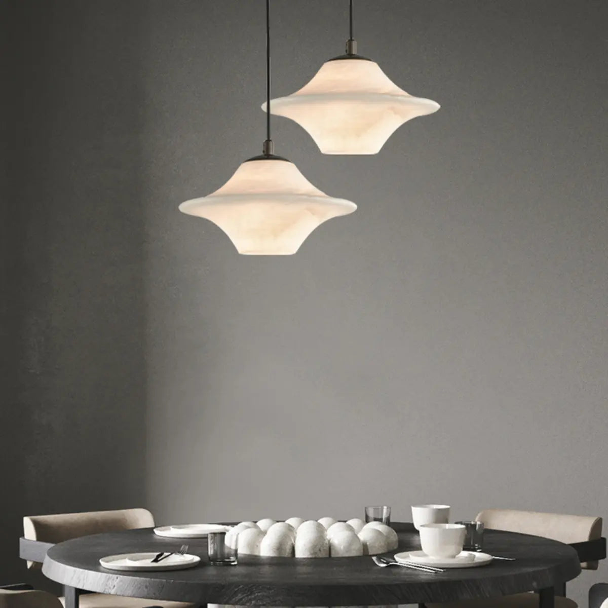 Modern White Schoolhouse Pendant Light with Bi-pin, Direct Wired Electric, Sintered Stone Shade, and Cover Image - 5