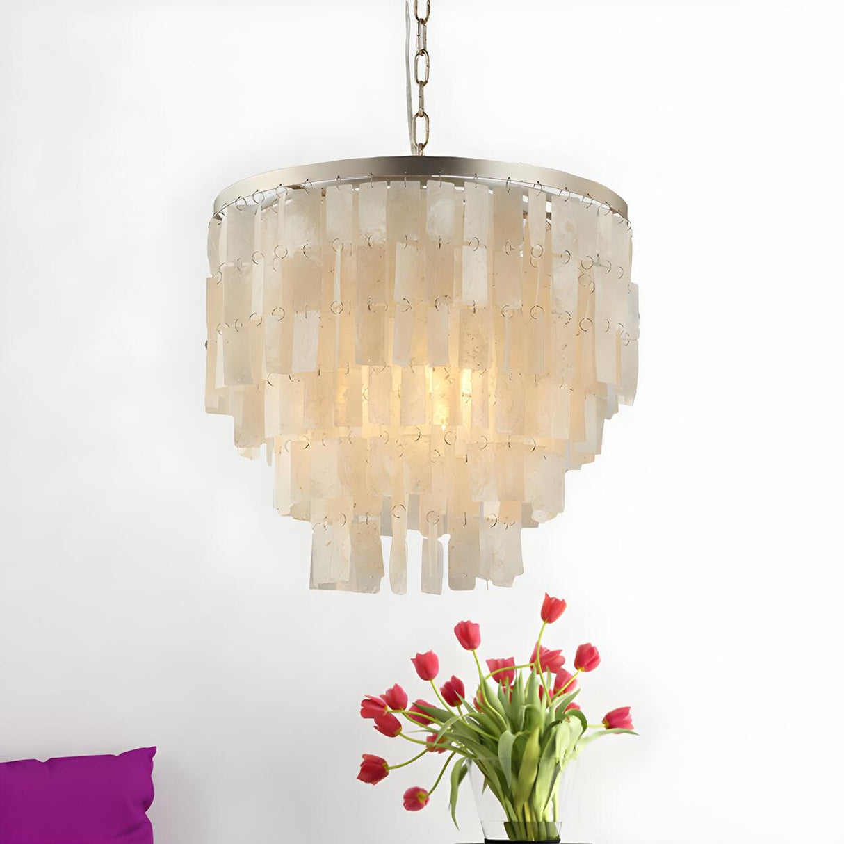 Modern White Shell LED Tiered Pendant Chandelier Image - 1