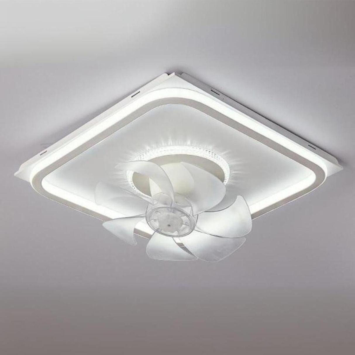 Modern White Square 8 Blade Flush Ceiling Fan Light Image - 12