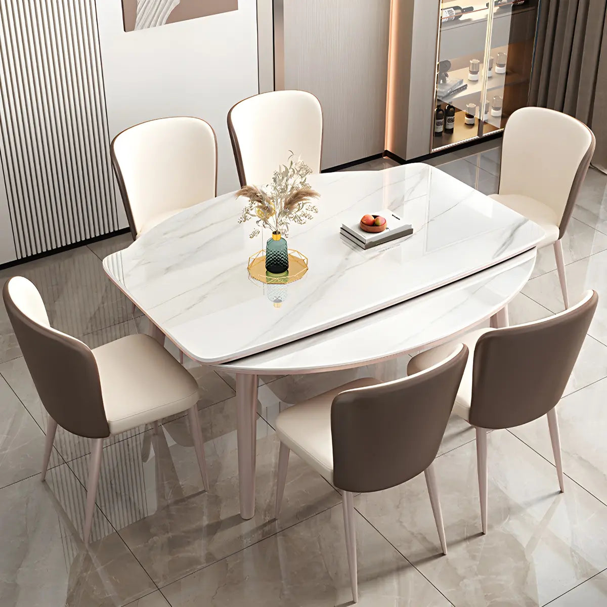 Modern White Stone Kitchen Round Extendable Dining Tables Image - 12