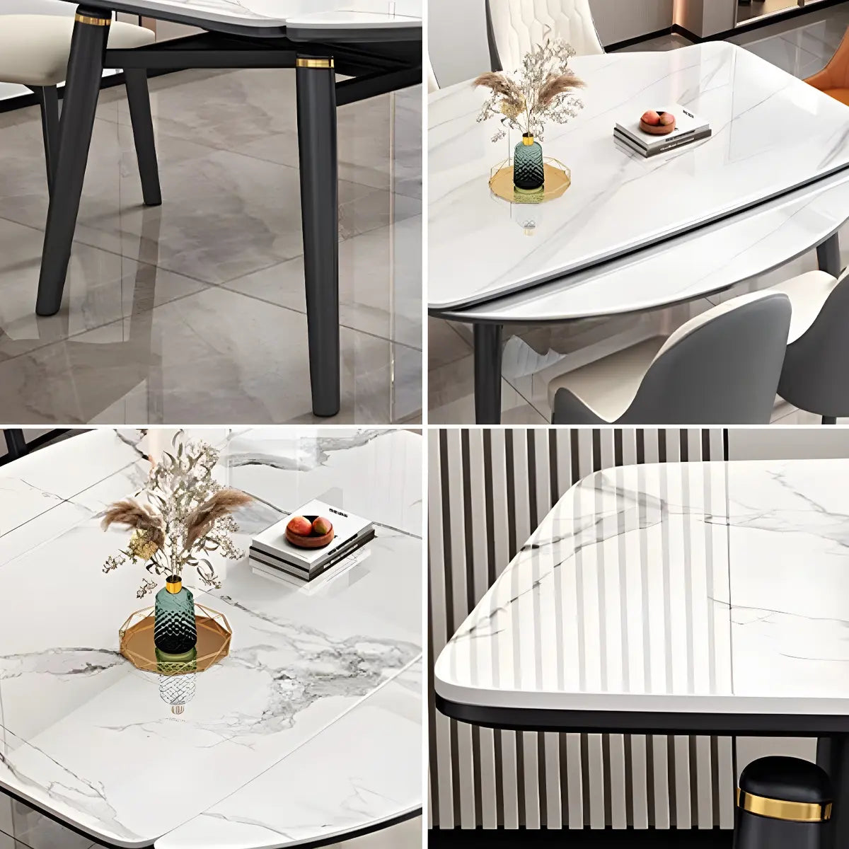 Modern White Stone Kitchen Round Extendable Dining Tables Image - 4