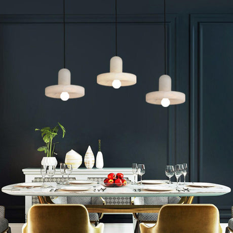 Modern White Stone Round Dining Room Pendant Light Image - 1