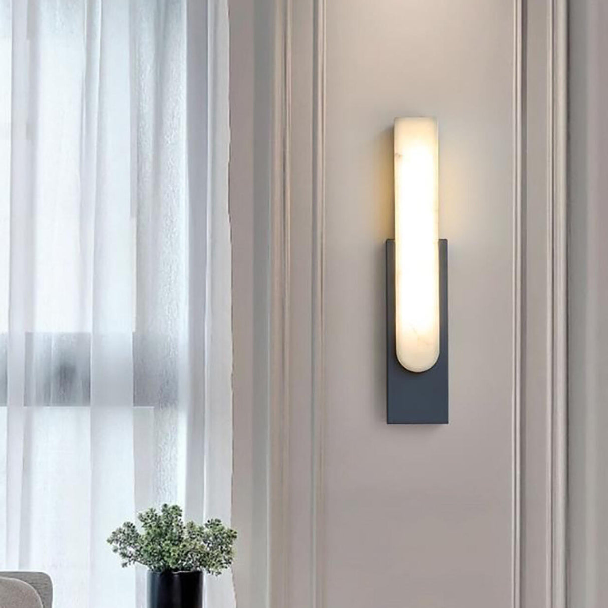 Modern White Stone Shade Black Vertical Wall Sconce Image - 14