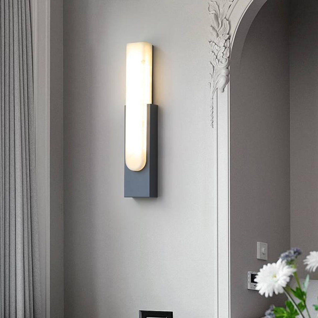 Modern White Stone Shade Black Vertical Wall Sconce Image - 15