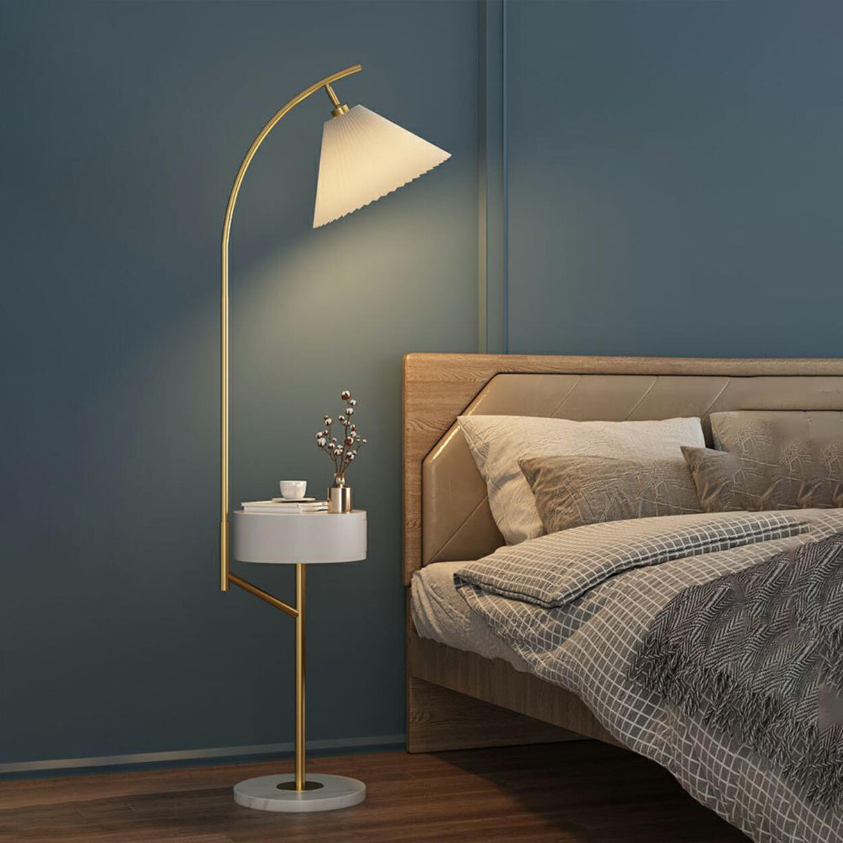 Modern White Umbrella Floor Lamp with Side Table Image - 6