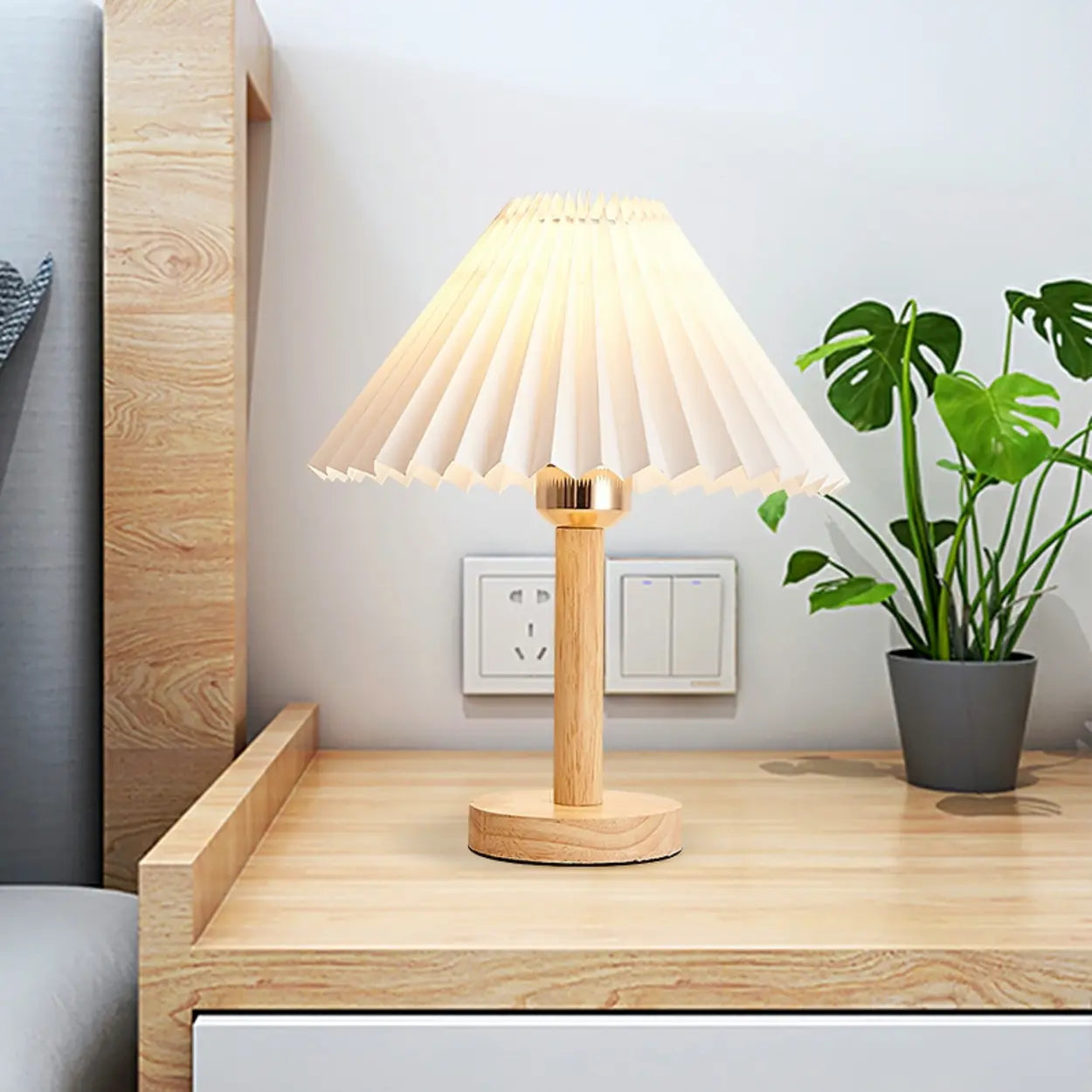 Modern White Umbrella-Shaped Wooden Bedside Table Lamp Image - 1