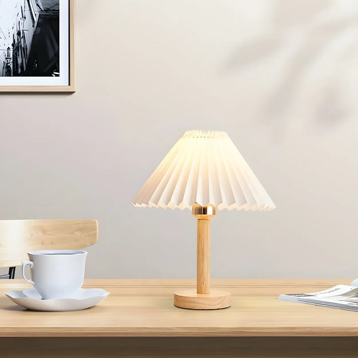 Modern White Umbrella-Shaped Wooden Bedside Table Lamp Image - 14