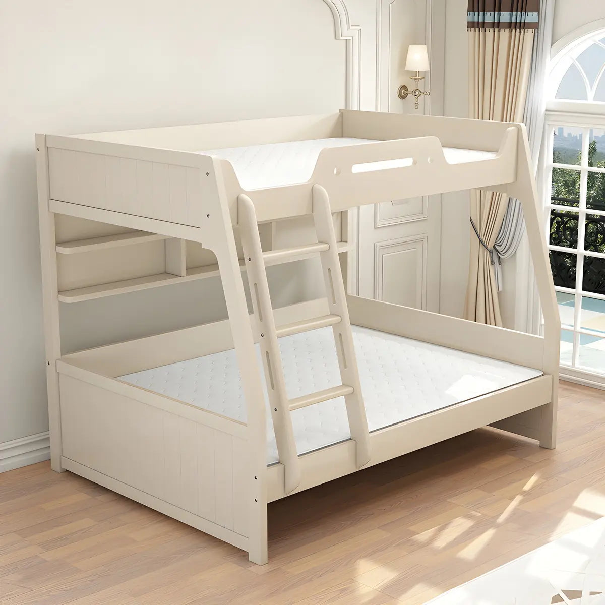 Modern White Wood Bunk Bed with Mattress and Drawers Image - 1