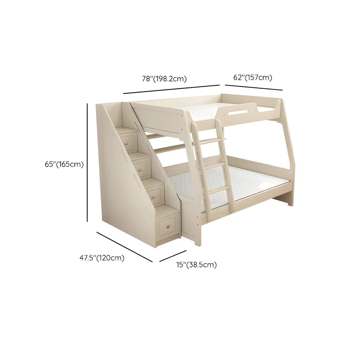 Modern White Wood Bunk Bed with Mattress and Drawers Image - 23