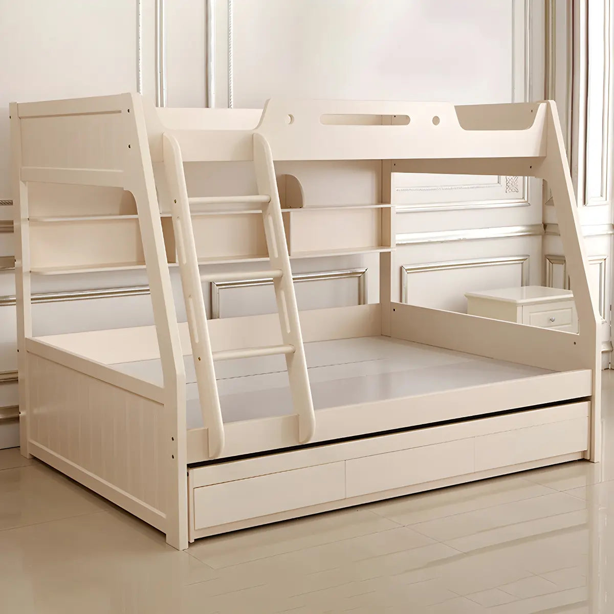 Modern White Wood Bunk Bed with Mattress and Drawers Image - 3