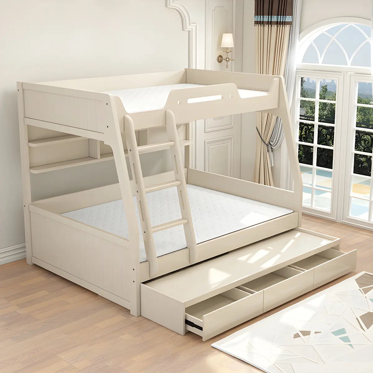 Modern White Wood Bunk Bed with Mattress and Drawers Image - 4