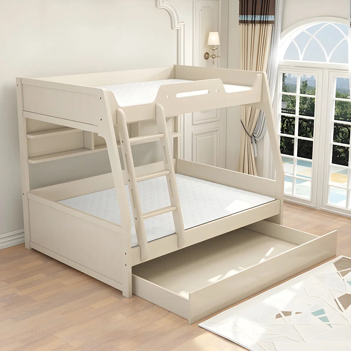 Modern White Wood Bunk Bed with Mattress and Drawers Image - 5