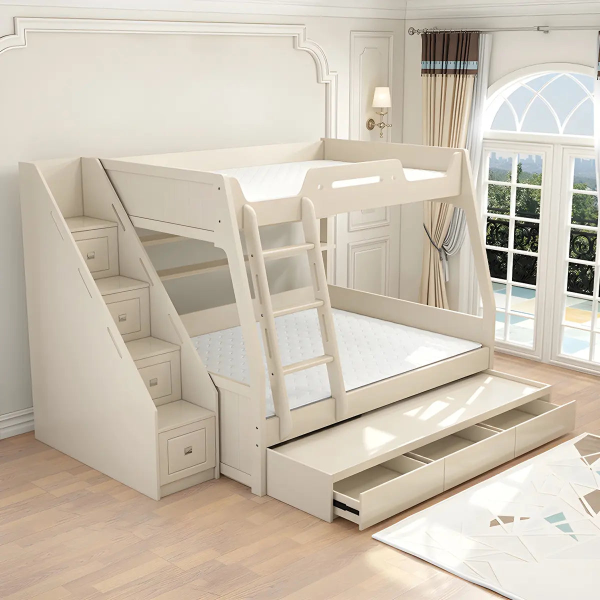 Modern White Wood Bunk Bed with Mattress and Drawers Image - 8