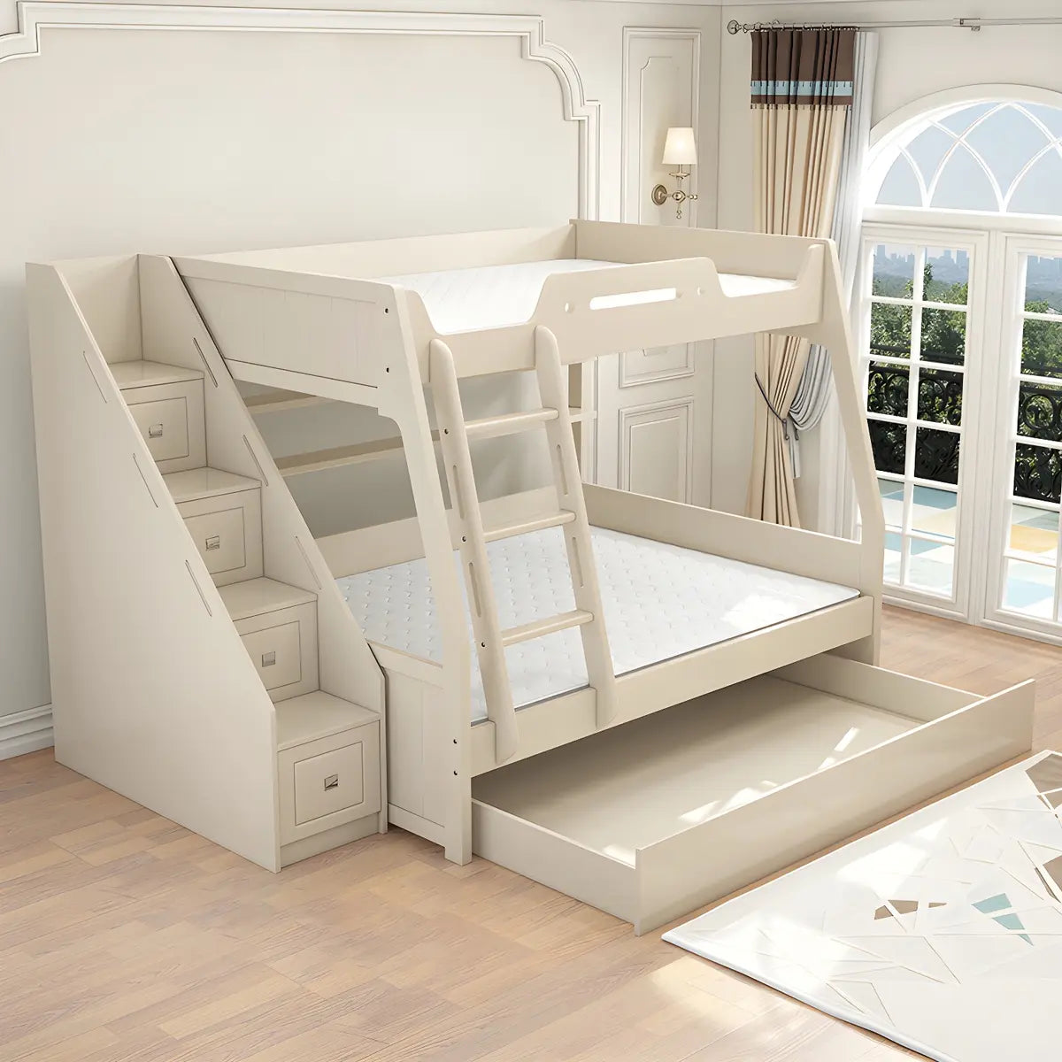 Modern White Wood Bunk Bed with Mattress and Drawers Image - 9