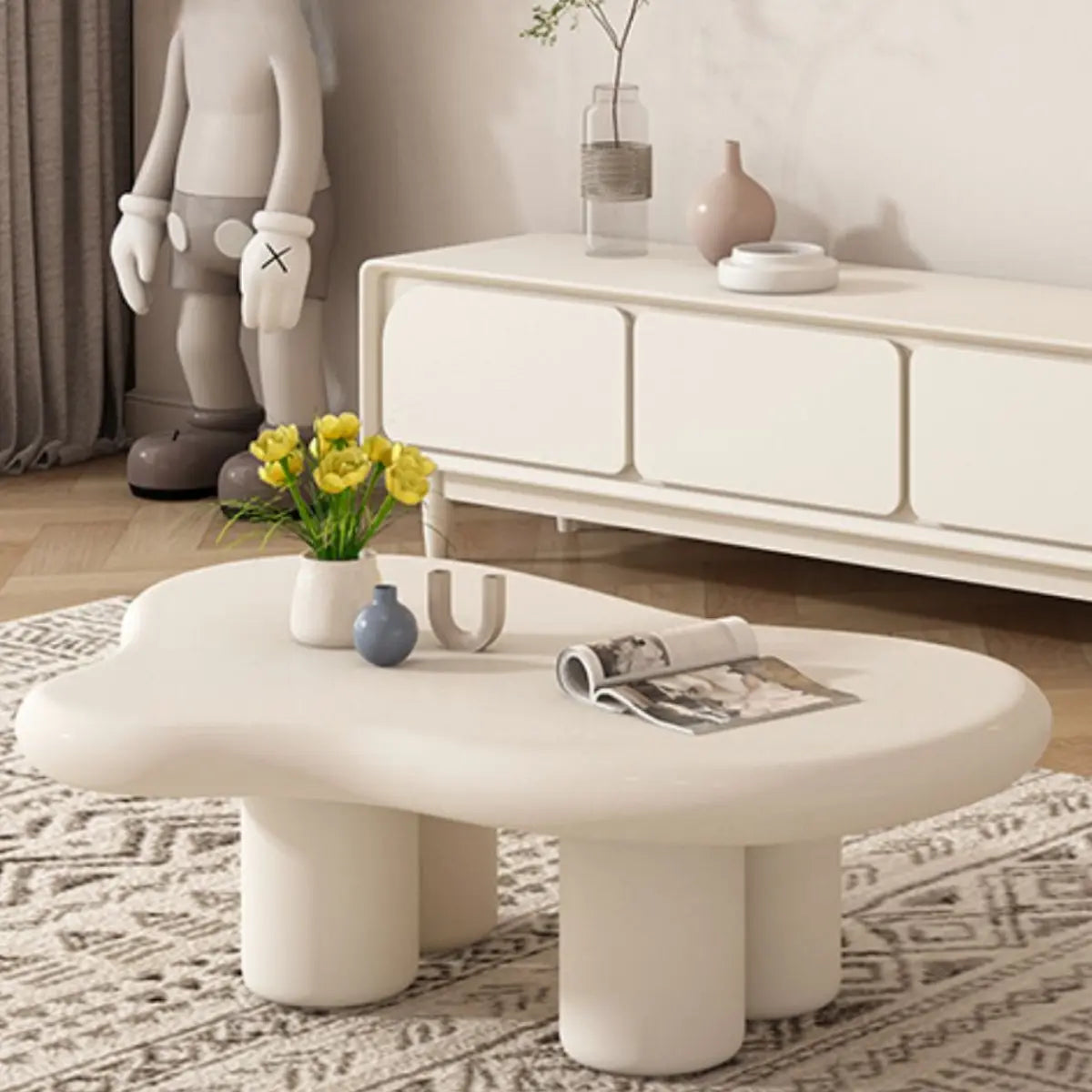 Modern White Wooden Free Form Single Coffee Table Image - 3