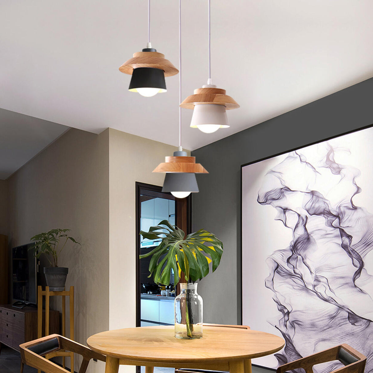 Modern Wood Accent Geometric Dining Room Pendant Lights Image - 6