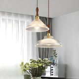 Modern Wood Accents Cone Clear Glass Bedroom Pendant Light Image - 3