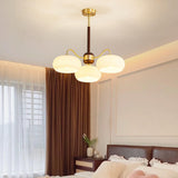 Modern Wood and Brass Dining Room Glass Drum Chandelier Image - 2