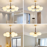 Modern Wood and Brass Dining Room Glass Drum Chandelier Image - 4