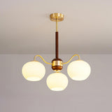 Modern Wood and Brass Dining Room Glass Drum Chandelier Image - 6