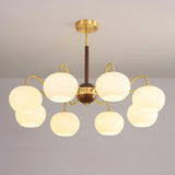 Modern Wood and Brass Dining Room Glass Drum Chandelier Image - 8