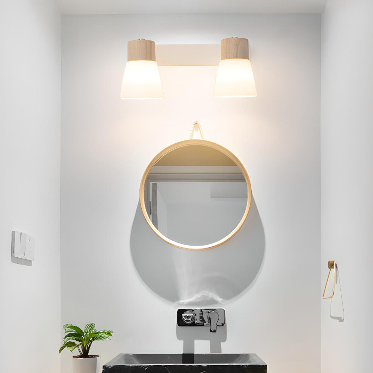 Modern Wood and Frosted Glass Vanity Wall Light Image - 5