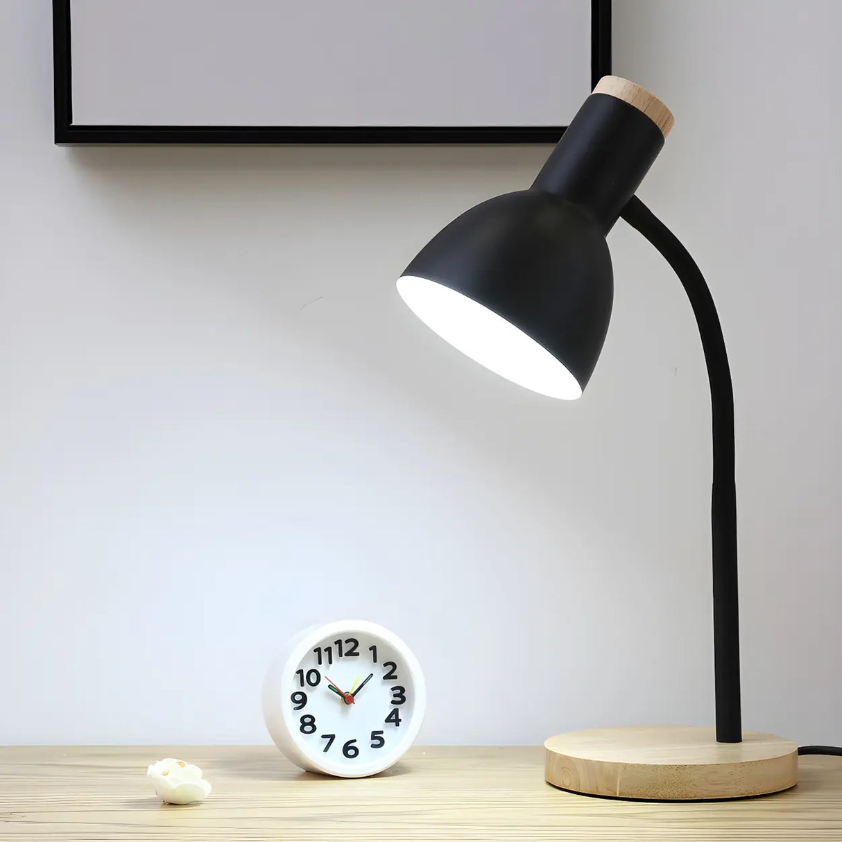 Modern Wood Base Black Metal Adjustable Desk Lamp Image - 3