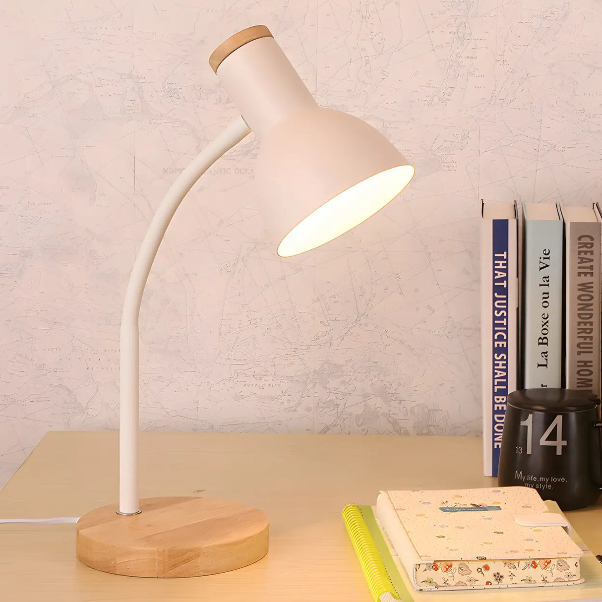 Modern Wood Base Black Metal Adjustable Desk Lamp Image - 7