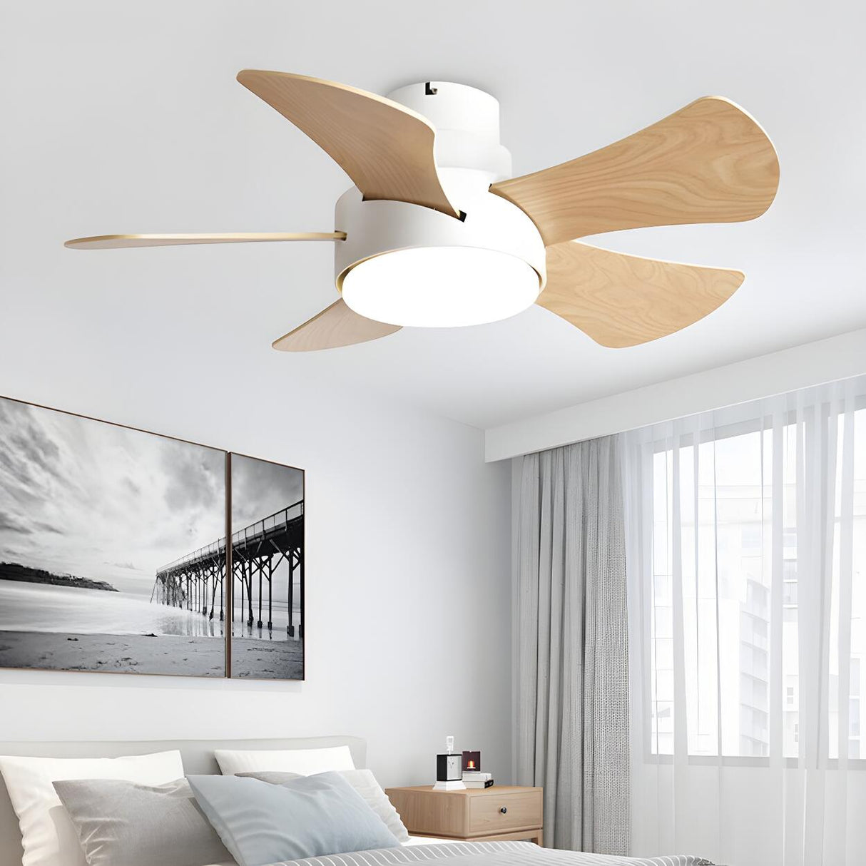 Modern Wood Blade Windmill Ceiling Fan with LED Light Image - 3