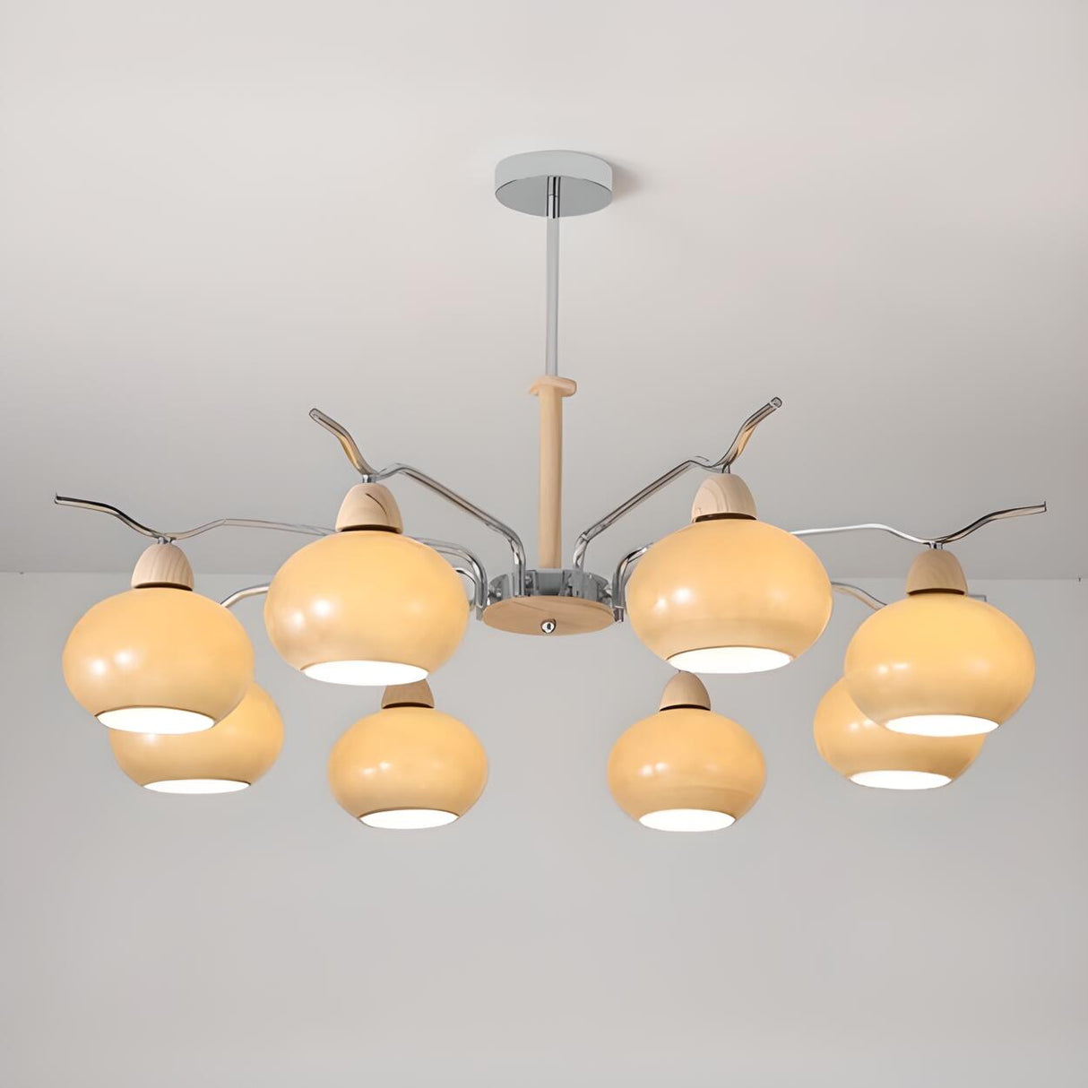 Modern Wood Chrome 8-Light Glass Globe Chandelier Image - 6