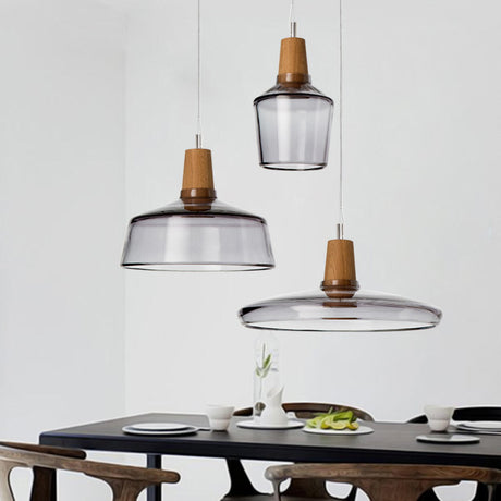 Modern Wood Clear Glass Bell Geometric Pendant Light Image - 1