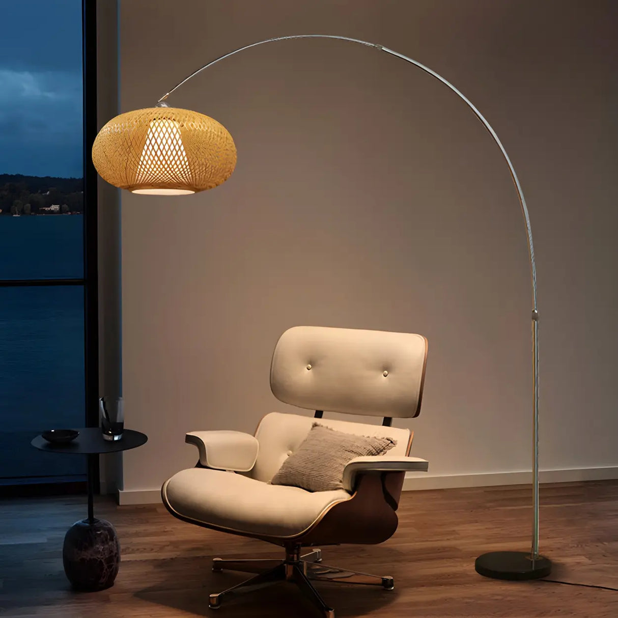 Modern Wood-Color Drum Bamboo Arc LED Floor Lamp Image - 1