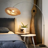 Modern Wood-Color Drum Bamboo Arc LED Floor Lamp Image - 4