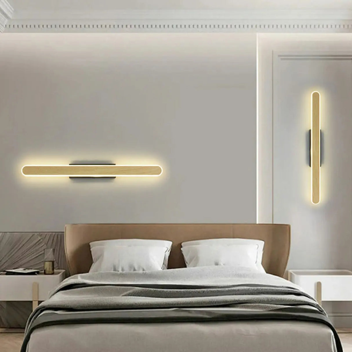 Modern Wood-Color Metal Linear LED Vanity Sconces Image - 4