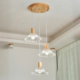 Modern Wood Cone Ribbed Clear Glass Pendant Light Image - 10