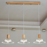 Modern Wood Cone Ribbed Clear Glass Pendant Light Image - 11