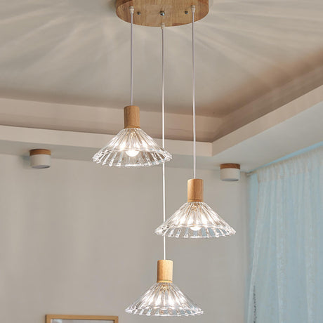 Modern Wood Cone Ribbed Clear Glass Pendant Light Image - 2