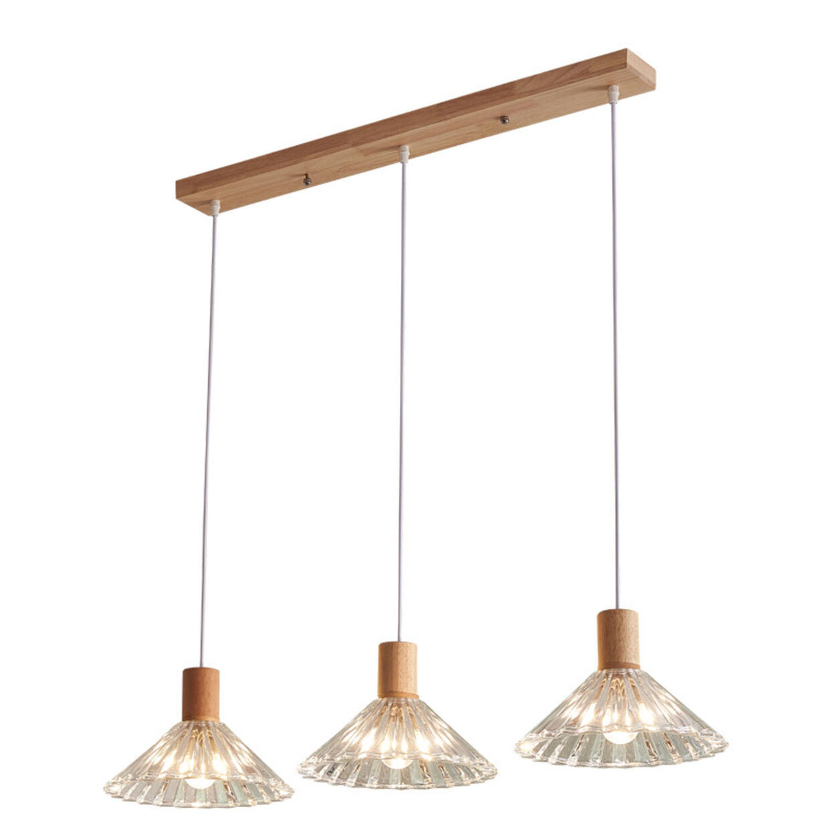 Modern Wood Cone Ribbed Clear Glass Pendant Light Image - 5