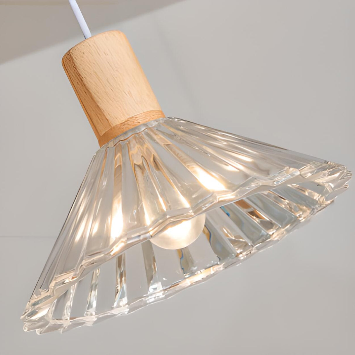 Modern Wood Cone Ribbed Clear Glass Pendant Light Image - 6