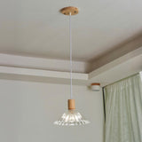 Modern Wood Cone Ribbed Clear Glass Pendant Light Image - 9