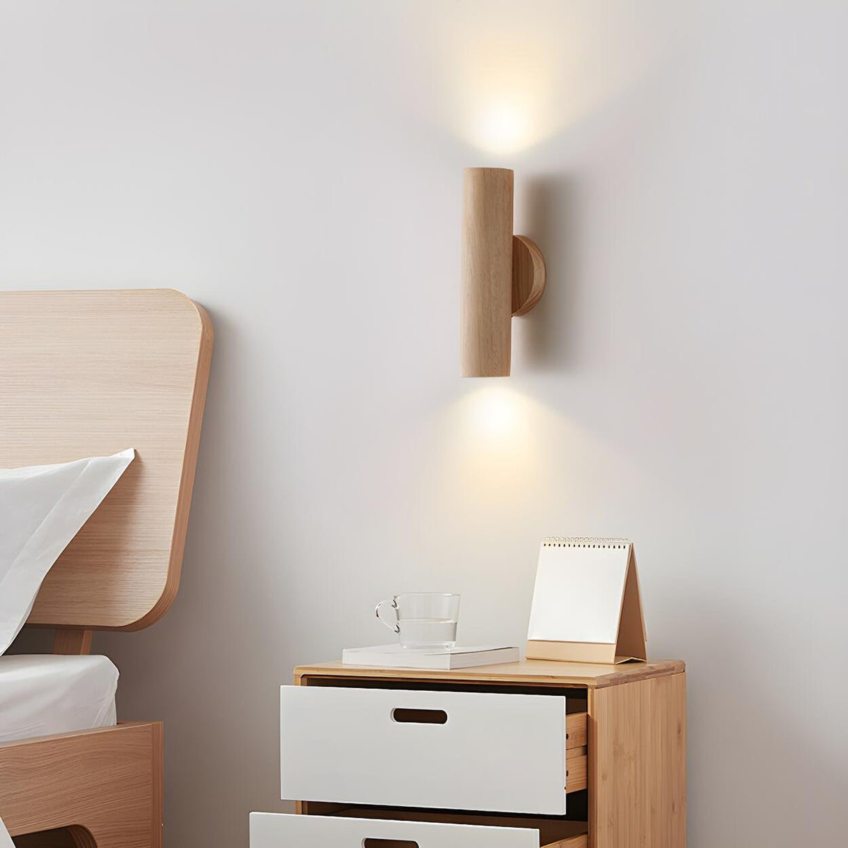 Modern Wood Cylinder Up Down Bedside Wall Sconce Image - 3