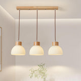 Modern Wood Dome White Glass Pendant Light Adjustable Height Image - 17