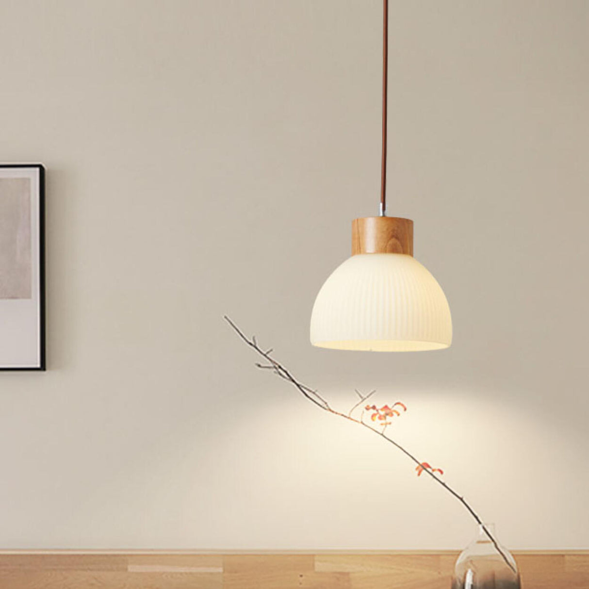 Modern Wood Dome White Glass Pendant Light Adjustable Height Image - 19