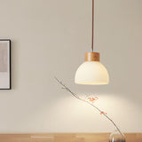 Modern Wood Dome White Glass Pendant Light Adjustable Height Image - 19