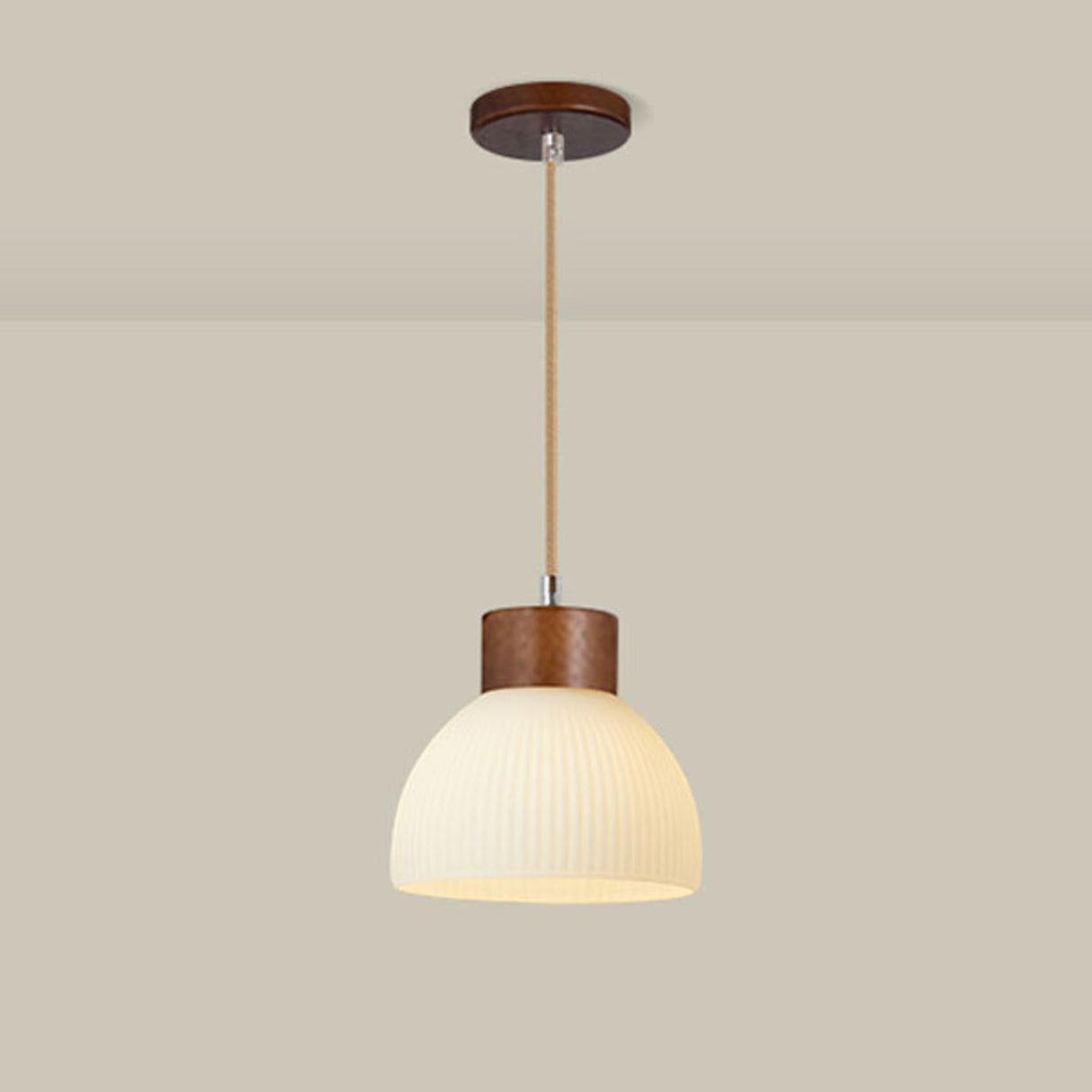 Modern Wood Dome White Glass Pendant Light Adjustable Height Image - 7