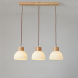 Modern Wood Dome White Glass Pendant Light Adjustable Height Image - 8