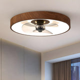 Modern Wood Finish Flush Round Ceiling Fan with Light Image - 1