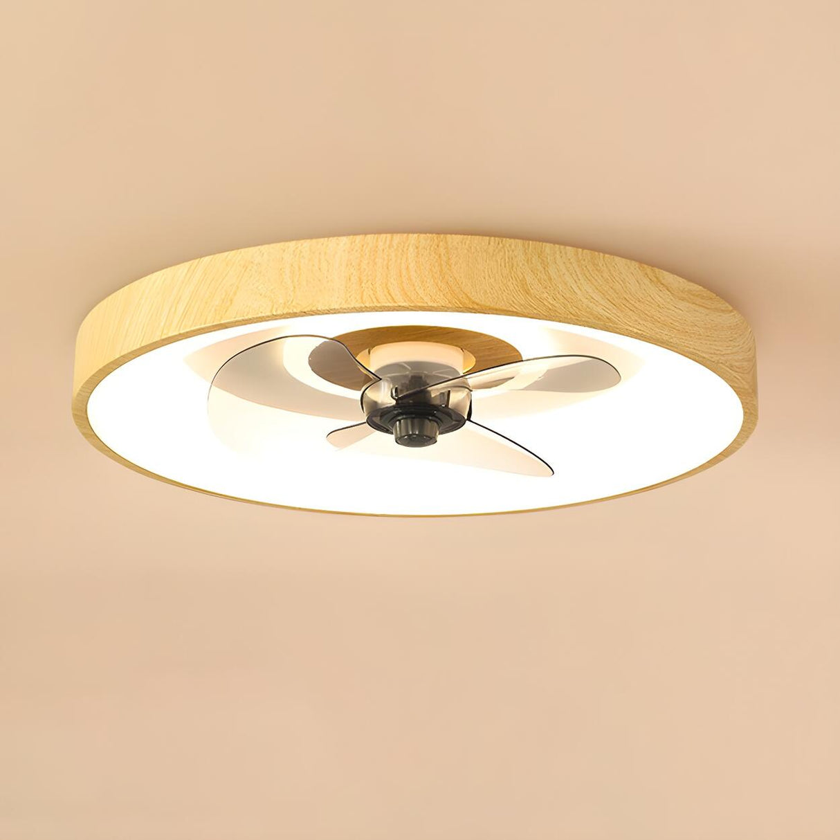 Modern Wood Finish Flush Round Ceiling Fan with Light Image - 11