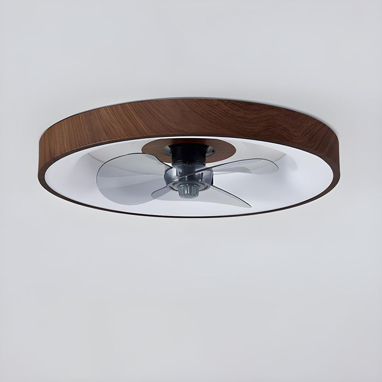 Modern Wood Finish Flush Round Ceiling Fan with Light Image - 12