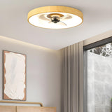 Modern Wood Finish Flush Round Ceiling Fan with Light Image - 13